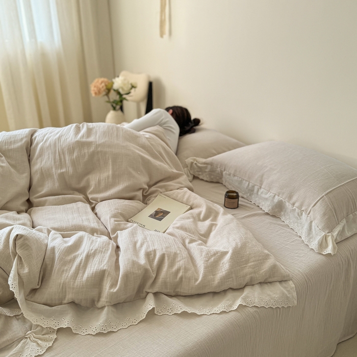 91家纺网 家纺一手货源 找家纺 咏绒家纺工厂店 2025新款全棉双层皱皱沙纯色四件套安娜 安娜-奶咖