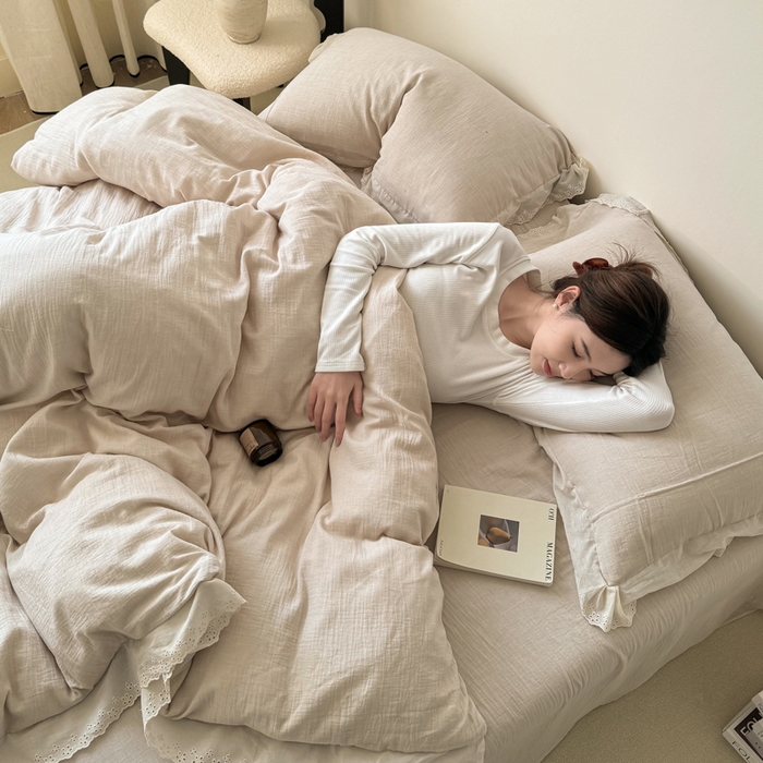 91家纺网 家纺一手货源 找家纺 咏绒家纺工厂店 2025新款全棉双层皱皱沙纯色四件套安娜 安娜-奶咖