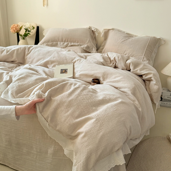 91家纺网 家纺一手货源 找家纺 咏绒家纺工厂店 2025新款全棉双层皱皱沙纯色四件套安娜 安娜-奶咖