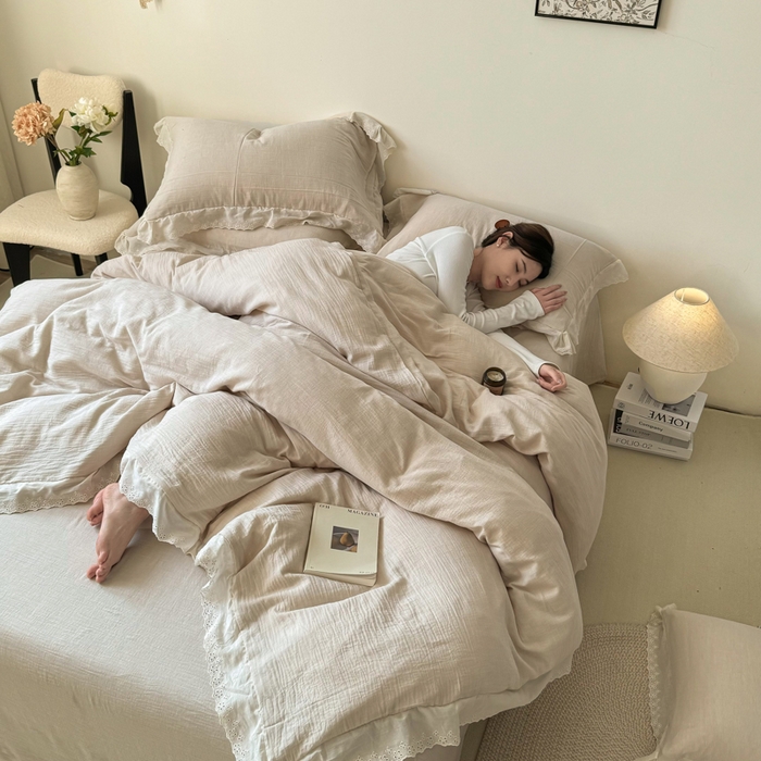 91家纺网 家纺一手货源 找家纺 咏绒家纺工厂店 2025新款全棉双层皱皱沙纯色四件套安娜 安娜-奶咖