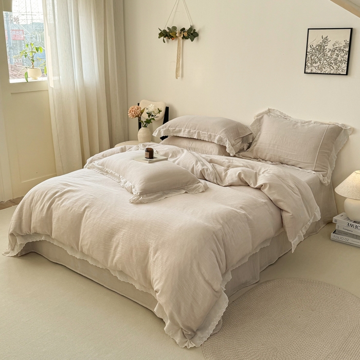 91家纺网 家纺一手货源 找家纺 咏绒家纺工厂店 2025新款全棉双层皱皱沙纯色四件套安娜 安娜-奶咖