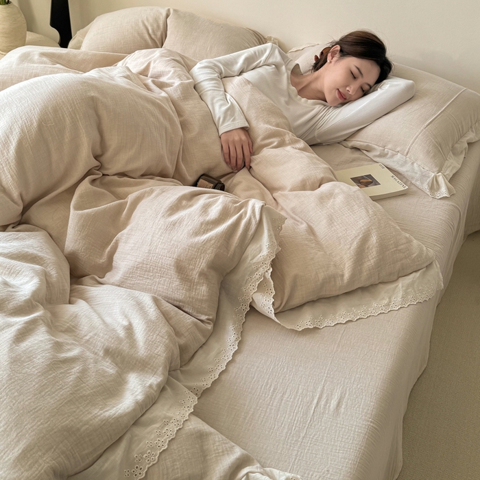 91家纺网 家纺一手货源 找家纺 咏绒家纺工厂店 2025新款全棉双层皱皱沙纯色四件套安娜 安娜-奶咖