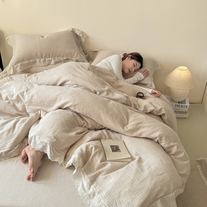 91家纺网 家纺一手货源 找家纺 咏绒家纺工厂店 2025新款全棉双层皱皱沙纯色四件套安娜 安娜-奶咖