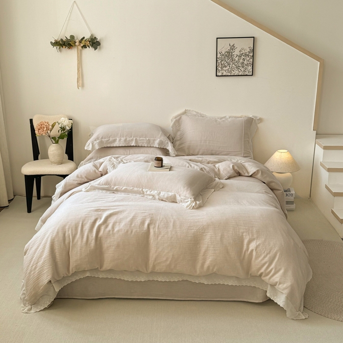 91家纺网 家纺一手货源 找家纺 咏绒家纺工厂店 2025新款全棉双层皱皱沙纯色四件套安娜 安娜-奶咖