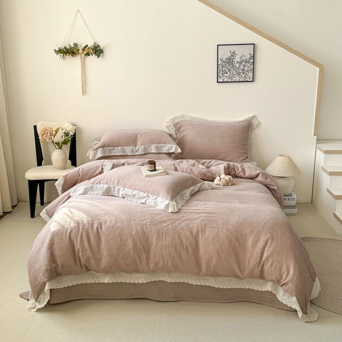 91家纺网 家纺一手货源 找家纺 咏绒家纺工厂店 2025新款全棉双层皱皱沙纯色四件套安娜 安娜-豆沙