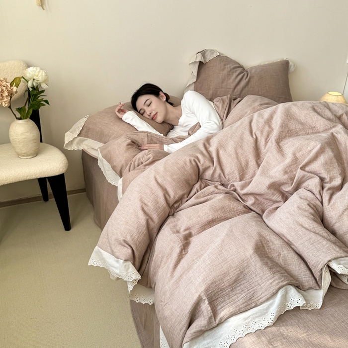 91家纺网 家纺一手货源 找家纺 咏绒家纺工厂店 2025新款全棉双层皱皱沙纯色四件套安娜 安娜-豆沙