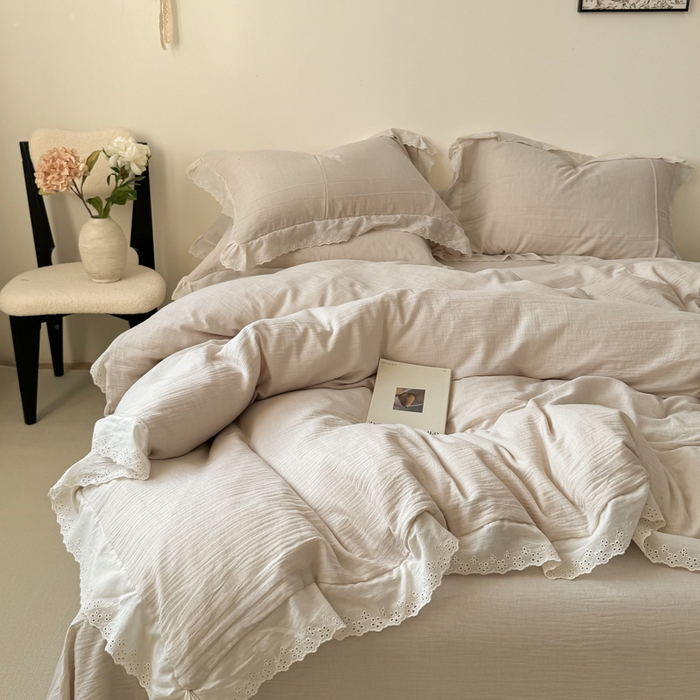 91家纺网 家纺一手货源 找家纺 咏绒家纺工厂店 2025新款全棉双层皱皱沙纯色四件套安娜 安娜-奶咖