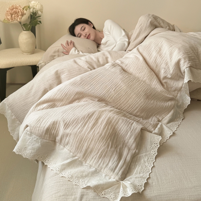 91家纺网 家纺一手货源 找家纺 咏绒家纺工厂店 2025新款全棉双层皱皱沙纯色四件套安娜 安娜-奶咖