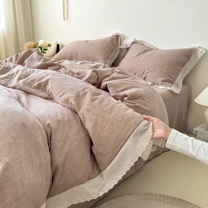咏绒家纺工厂店 2025新款全棉双层皱皱沙纯色四件套安娜 安娜-豆沙