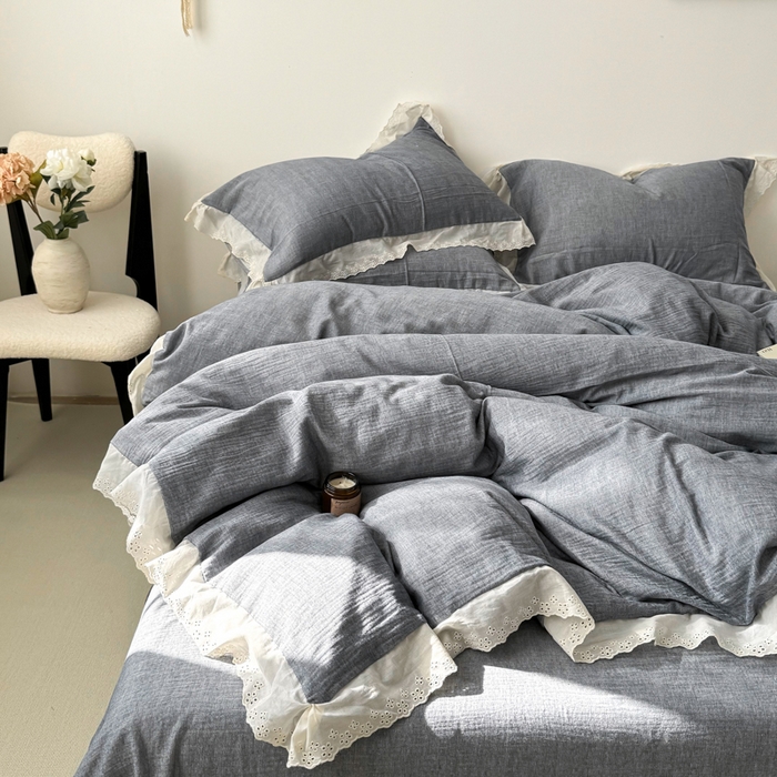 91家纺网 家纺一手货源 找家纺 咏绒家纺工厂店 2025新款全棉双层皱皱沙纯色四件套安娜 安娜-雾蓝
