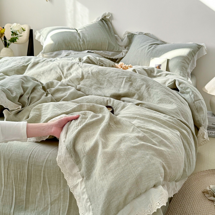 91家纺网 家纺一手货源 找家纺 咏绒家纺工厂店 2025新款全棉双层皱皱沙纯色四件套安娜 安娜-水绿