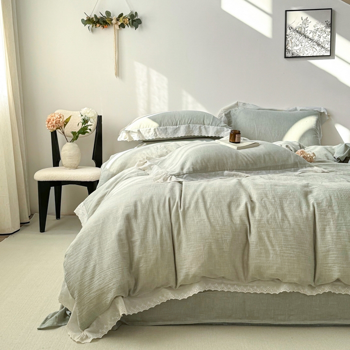 91家纺网 家纺一手货源 找家纺 咏绒家纺工厂店 2025新款全棉双层皱皱沙纯色四件套安娜 安娜-水绿