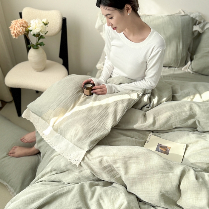 91家纺网 家纺一手货源 找家纺 咏绒家纺工厂店 2025新款全棉双层皱皱沙纯色四件套安娜 安娜-水绿