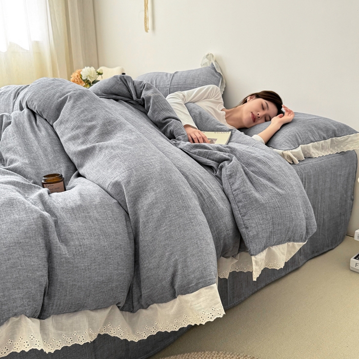 91家纺网 家纺一手货源 找家纺 咏绒家纺工厂店 2025新款全棉双层皱皱沙纯色四件套安娜 安娜-雾蓝