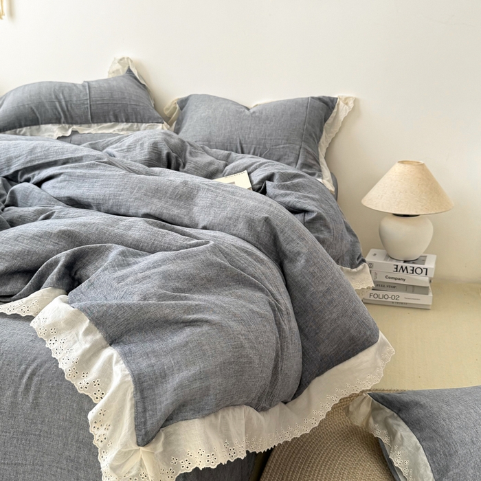 91家纺网 家纺一手货源 找家纺 咏绒家纺工厂店 2025新款全棉双层皱皱沙纯色四件套安娜 安娜-雾蓝
