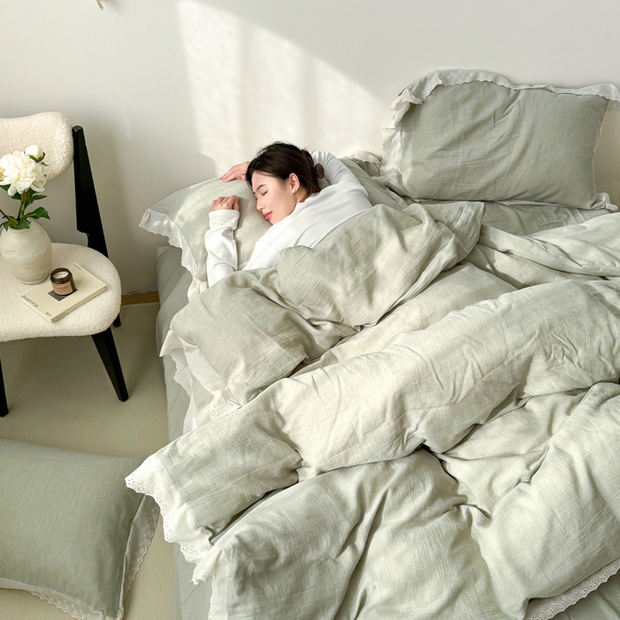 91家纺网 家纺一手货源 找家纺 咏绒家纺工厂店 2025新款全棉双层皱皱沙纯色四件套安娜 安娜-水绿