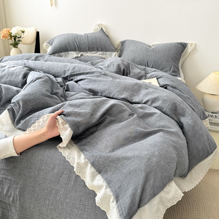91家纺网 家纺一手货源 找家纺 咏绒家纺工厂店 2025新款全棉双层皱皱沙纯色四件套安娜 安娜-雾蓝