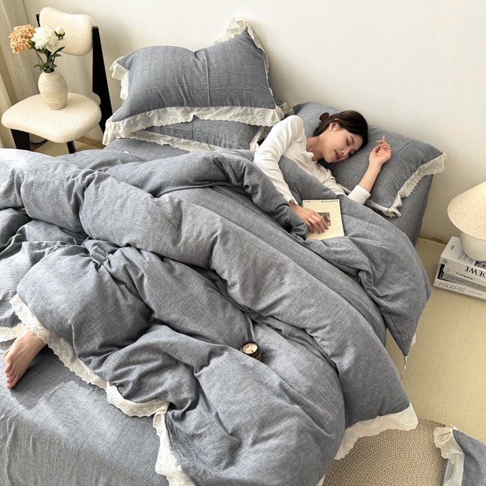 91家纺网 家纺一手货源 找家纺 咏绒家纺工厂店 2025新款全棉双层皱皱沙纯色四件套安娜 安娜-雾蓝