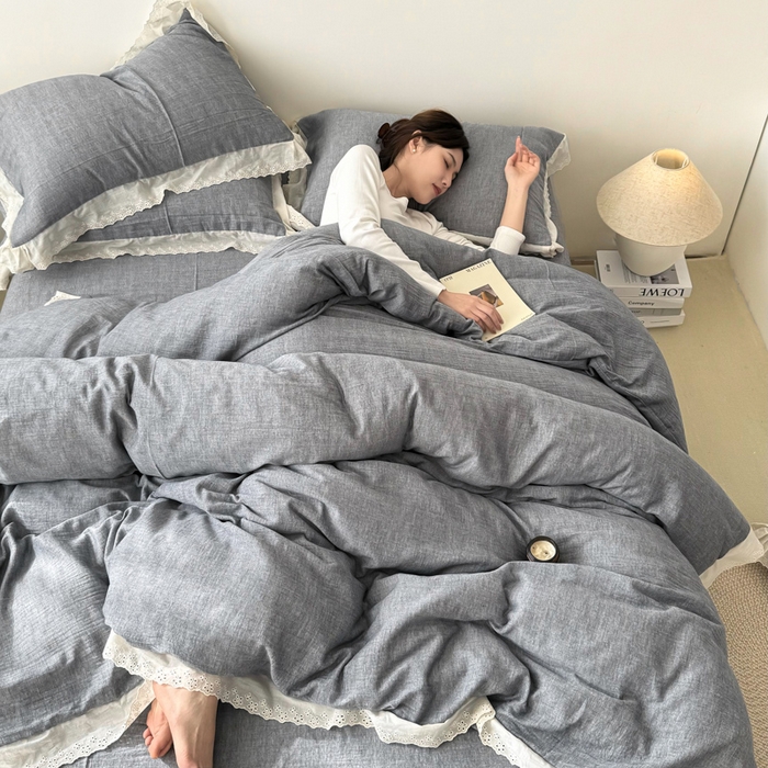 91家纺网 家纺一手货源 找家纺 咏绒家纺工厂店 2025新款全棉双层皱皱沙纯色四件套安娜 安娜-雾蓝