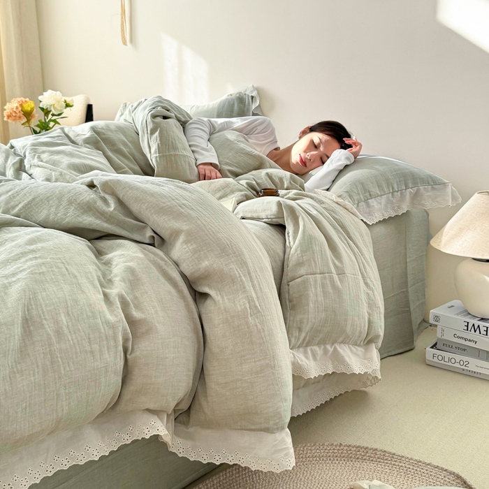 91家纺网 家纺一手货源 找家纺 咏绒家纺工厂店 2025新款全棉双层皱皱沙纯色四件套安娜 安娜-水绿