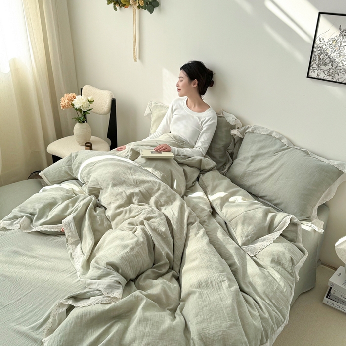 91家纺网 家纺一手货源 找家纺 咏绒家纺工厂店 2025新款全棉双层皱皱沙纯色四件套安娜 安娜-水绿