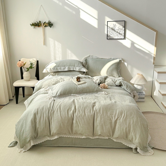 91家纺网 家纺一手货源 找家纺 咏绒家纺工厂店 2025新款全棉双层皱皱沙纯色四件套安娜 安娜-水绿