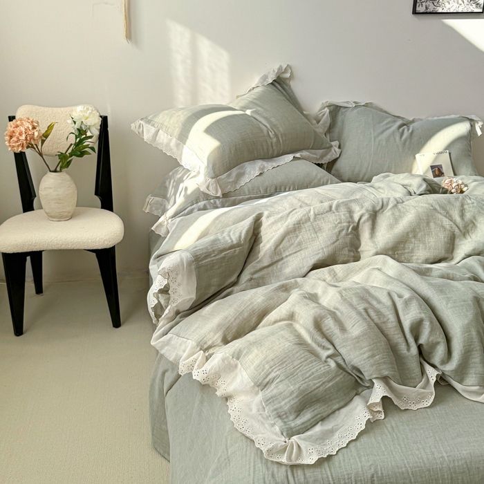 91家纺网 家纺一手货源 找家纺 咏绒家纺工厂店 2025新款全棉双层皱皱沙纯色四件套安娜 安娜-水绿