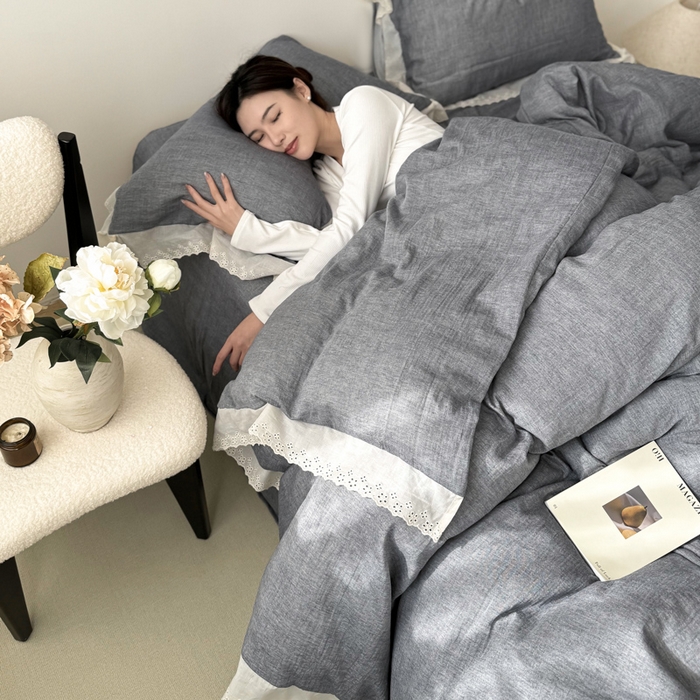 91家纺网 家纺一手货源 找家纺 咏绒家纺工厂店 2025新款全棉双层皱皱沙纯色四件套安娜 安娜-雾蓝