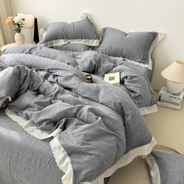 91家纺网 家纺一手货源 找家纺 咏绒家纺工厂店 2025新款全棉双层皱皱沙纯色四件套安娜 安娜-雾蓝