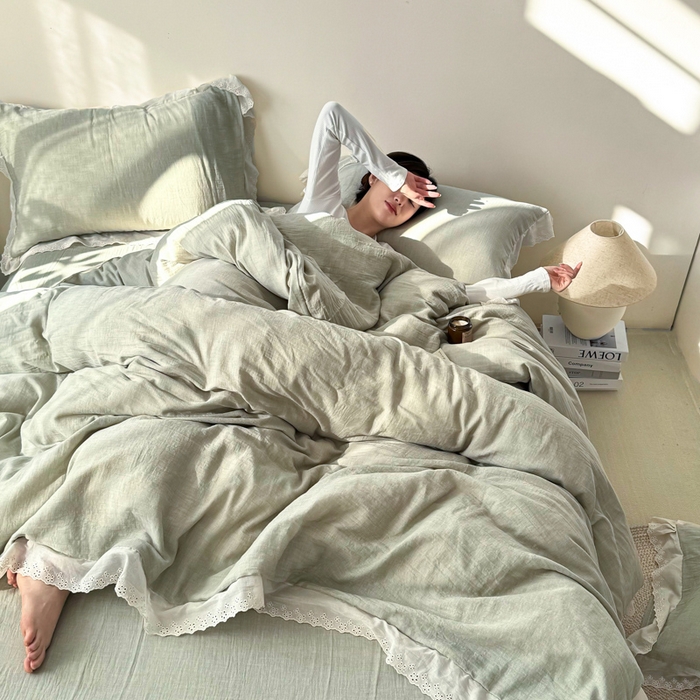 91家纺网 家纺一手货源 找家纺 咏绒家纺工厂店 2025新款全棉双层皱皱沙纯色四件套安娜 安娜-水绿