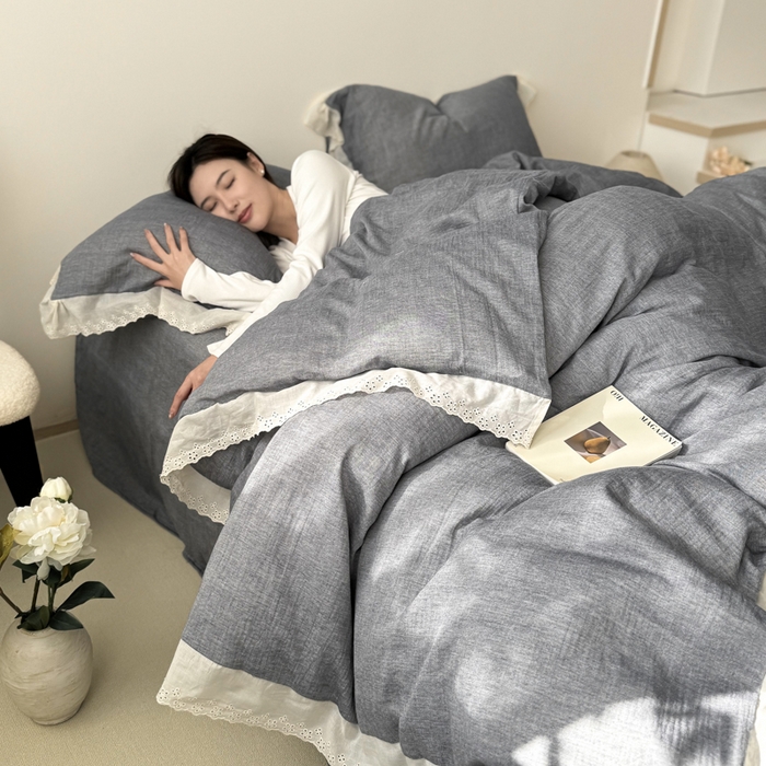 91家纺网 家纺一手货源 找家纺 咏绒家纺工厂店 2025新款全棉双层皱皱沙纯色四件套安娜 安娜-雾蓝