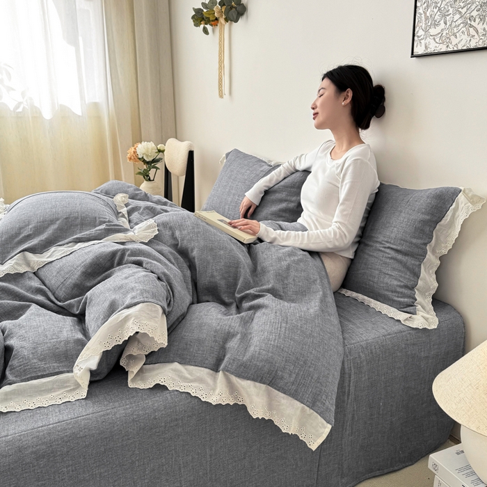 91家纺网 家纺一手货源 找家纺 咏绒家纺工厂店 2025新款全棉双层皱皱沙纯色四件套安娜 安娜-雾蓝