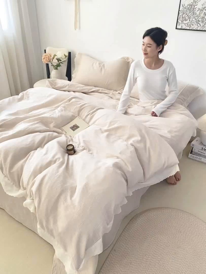 91家纺网 家纺一手货源 找家纺 咏绒家纺工厂店 2025新款全棉双层皱皱沙纯色四件套安娜 安娜-奶咖