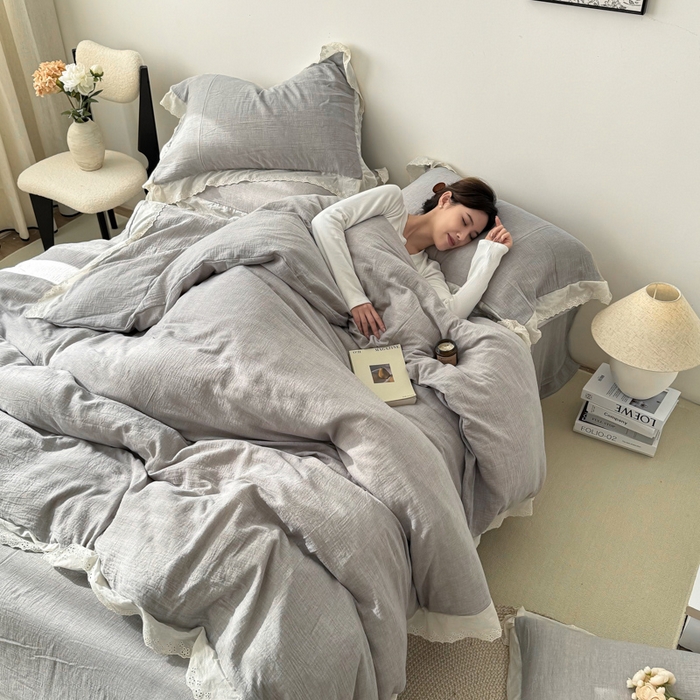 91家纺网 家纺一手货源 找家纺 咏绒家纺工厂店 2025新款全棉双层皱皱沙纯色四件套安娜 安娜-浅灰
