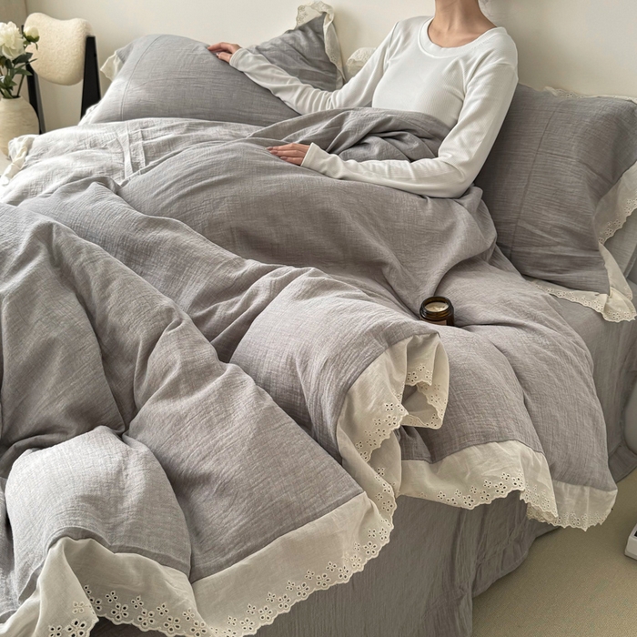 91家纺网 家纺一手货源 找家纺 咏绒家纺工厂店 2025新款全棉双层皱皱沙纯色四件套安娜 安娜-浅灰