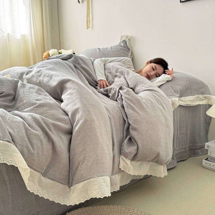 91家纺网 家纺一手货源 找家纺 咏绒家纺工厂店 2025新款全棉双层皱皱沙纯色四件套安娜 安娜-浅灰