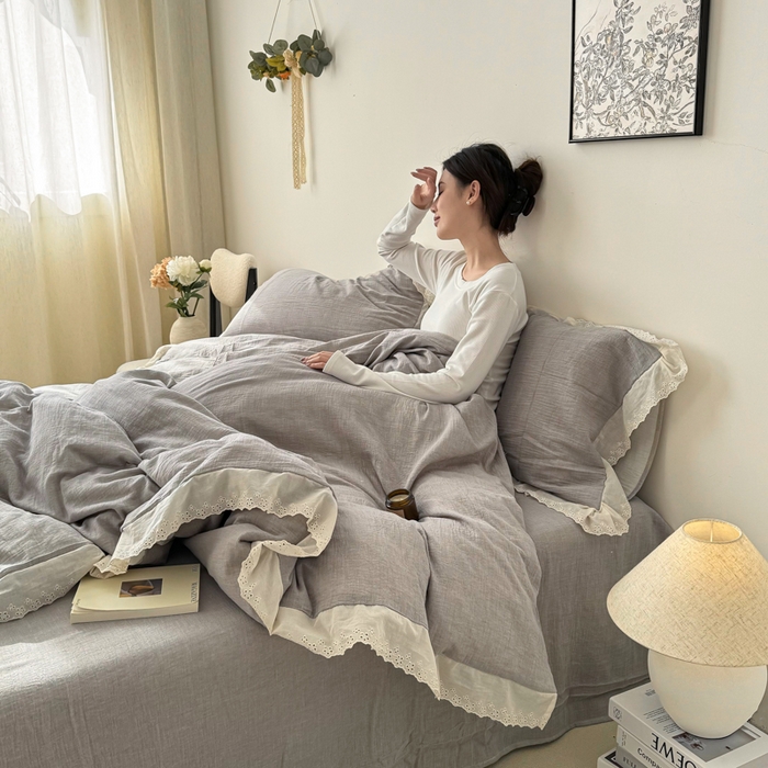 91家纺网 家纺一手货源 找家纺 咏绒家纺工厂店 2025新款全棉双层皱皱沙纯色四件套安娜 安娜-浅灰