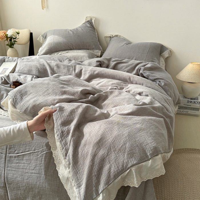 91家纺网 家纺一手货源 找家纺 咏绒家纺工厂店 2025新款全棉双层皱皱沙纯色四件套安娜 安娜-浅灰