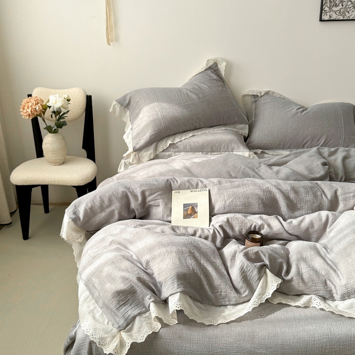 91家纺网 家纺一手货源 找家纺 咏绒家纺工厂店 2025新款全棉双层皱皱沙纯色四件套安娜 安娜-浅灰