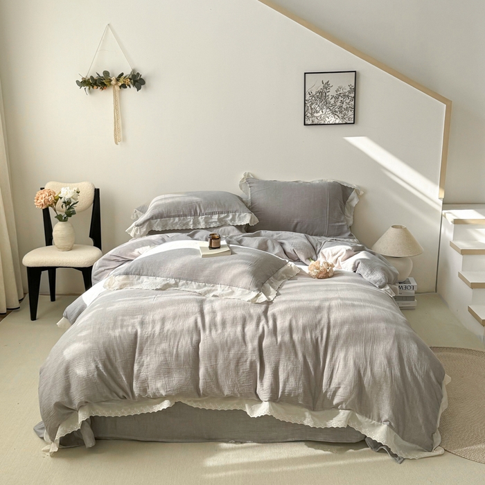 91家纺网 家纺一手货源 找家纺 咏绒家纺工厂店 2025新款全棉双层皱皱沙纯色四件套安娜 安娜-浅灰