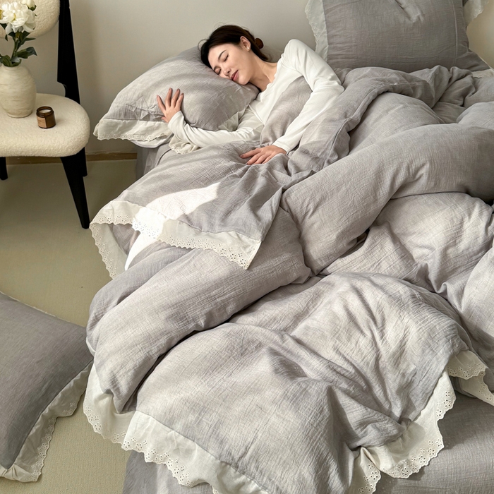91家纺网 家纺一手货源 找家纺 咏绒家纺工厂店 2025新款全棉双层皱皱沙纯色四件套安娜 安娜-浅灰