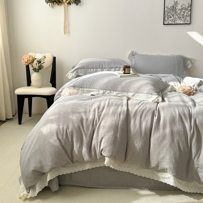 91家纺网 家纺一手货源 找家纺 咏绒家纺工厂店 2025新款全棉双层皱皱沙纯色四件套安娜 安娜-浅灰