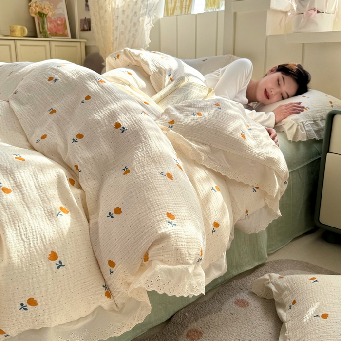 91家纺网 家纺一手货源 找家纺 （总）咏绒家纺工厂店 2025新款全棉双层皱皱沙印花花边款四件套