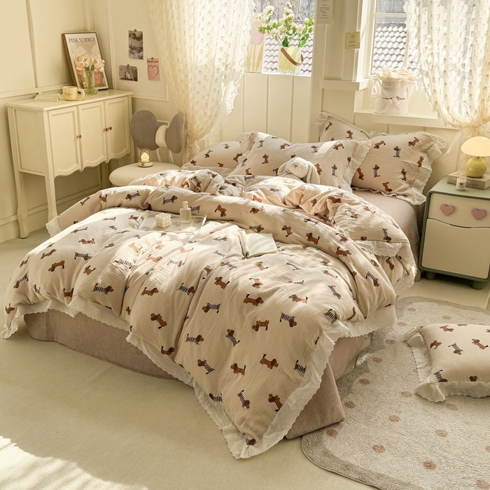 91家纺网 家纺一手货源 找家纺 （总）咏绒家纺工厂店 2025新款全棉双层皱皱沙印花花边款四件套