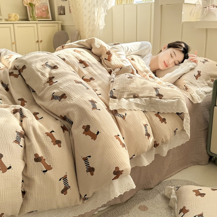 91家纺网 家纺一手货源 找家纺 （总）咏绒家纺工厂店 2025新款全棉双层皱皱沙印花花边款四件套