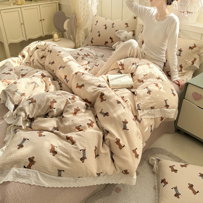 91家纺网 家纺一手货源 找家纺 （总）咏绒家纺工厂店 2025新款全棉双层皱皱沙印花花边款四件套