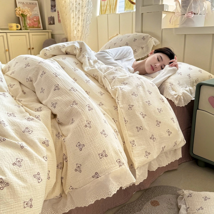 91家纺网 家纺一手货源 找家纺 （总）咏绒家纺工厂店 2025新款全棉双层皱皱沙印花花边款四件套