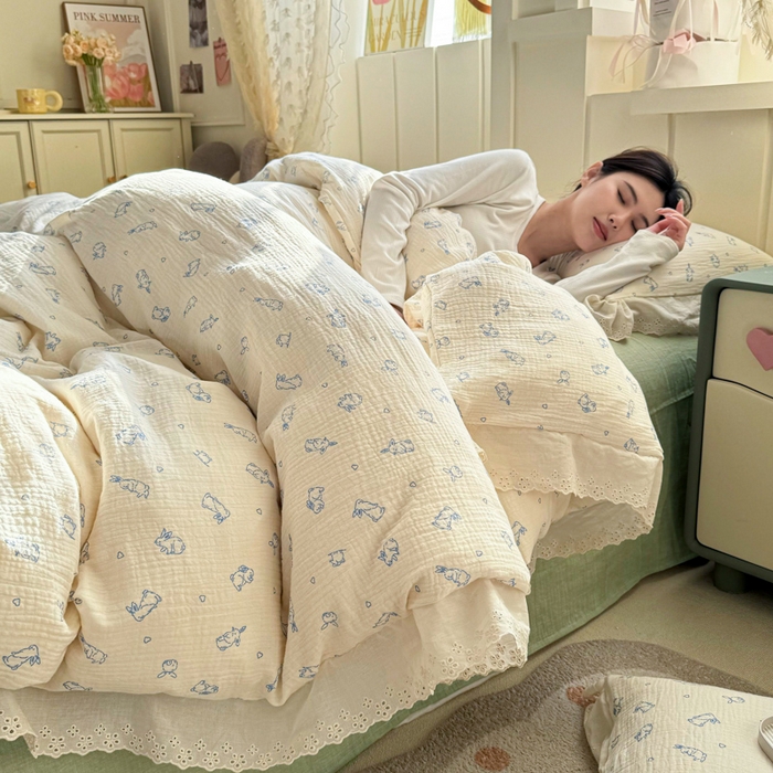 91家纺网 家纺一手货源 找家纺 （总）咏绒家纺工厂店 2025新款全棉双层皱皱沙印花花边款四件套