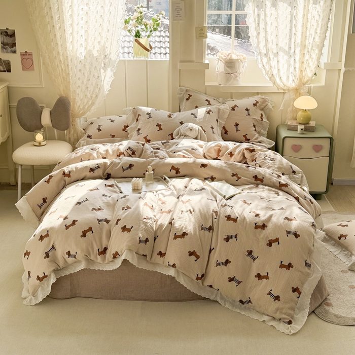 91家纺网 家纺一手货源 找家纺 （总）咏绒家纺工厂店 2025新款全棉双层皱皱沙印花花边款四件套