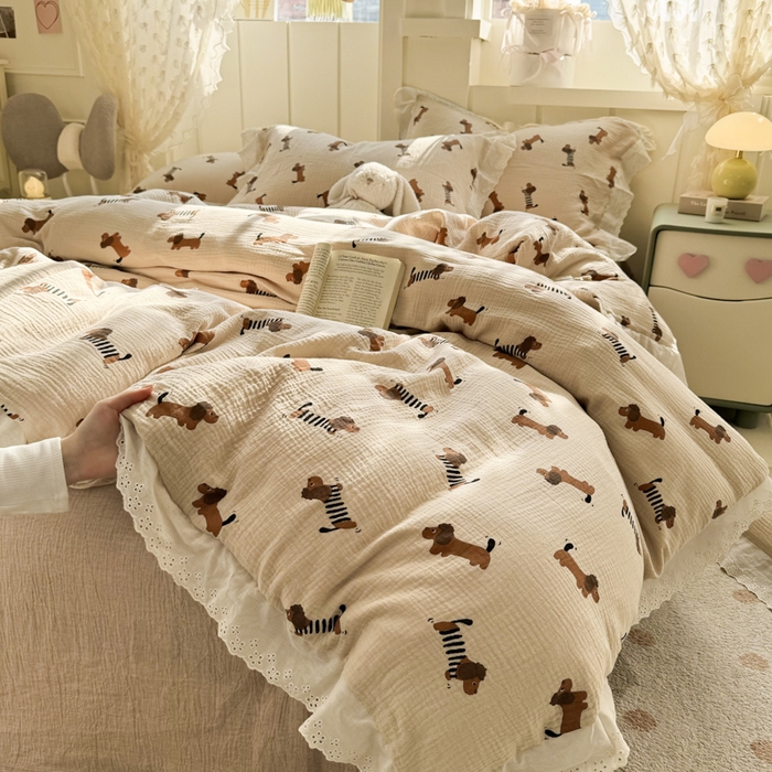 91家纺网 家纺一手货源 找家纺 （总）咏绒家纺工厂店 2025新款全棉双层皱皱沙印花花边款四件套